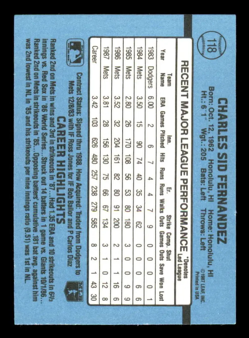 1988 Donruss #118 Sid Fernandez NM-MT New York Mets Baseball Card - Baseball Card Single