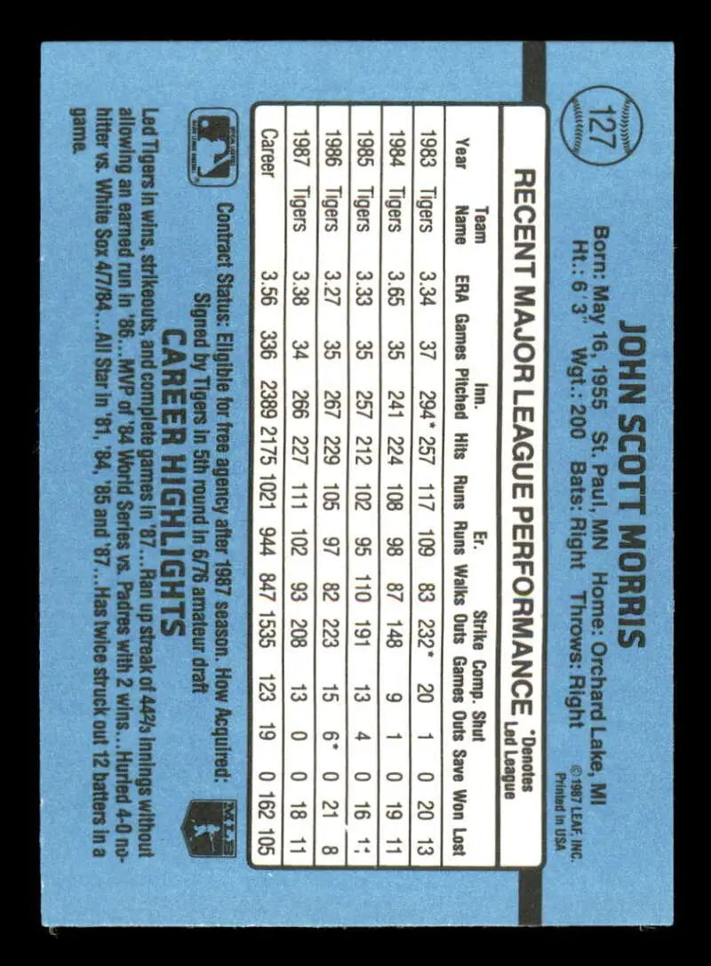 1988 Donruss #127 Jack Morris NM-MT Detroit Tigers Baseball Card - Baseball Card Single
