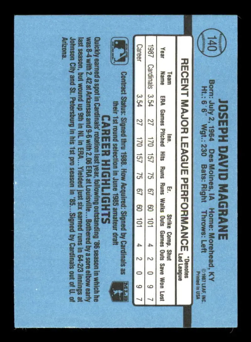 1988 Donruss #140 Joe Magrane NM-MT RC Rookie St. Louis Cardinals Baseball Card - Baseball Card Single