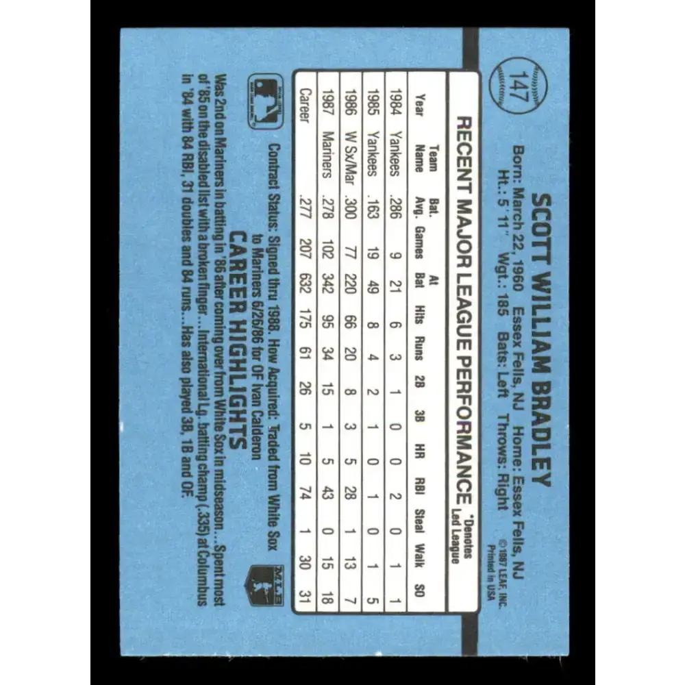 1988 Donruss #147 Scott Bradley EX Seattle Mariners Baseball Card - Baseball Card Single