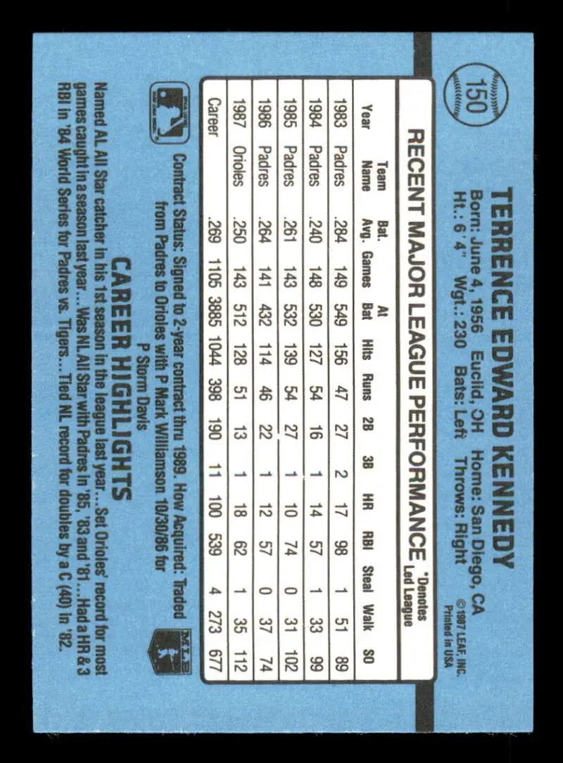1988 Donruss #150 Terry Kennedy NM-MT Baltimore Orioles Baseball Card - Baseball Card Single