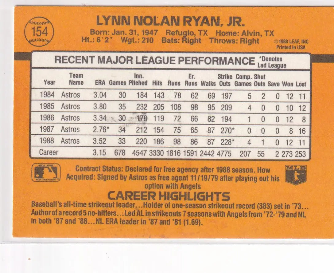 1988 DONRUSS #154 NOLAN RYAN- HOUSTON ASTROS - Baseball Card Single