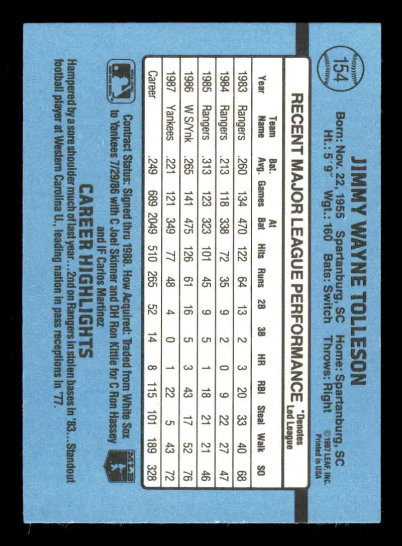 1988 Donruss #154 Wayne Tolleson NM-MT New York Yankees Baseball Card - Baseball Card Single