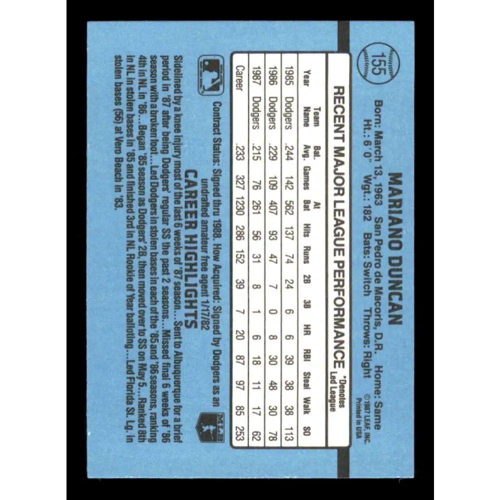 1988 Donruss #155 Mariano Duncan EX Los Angeles Dodgers Baseball Card Image 2