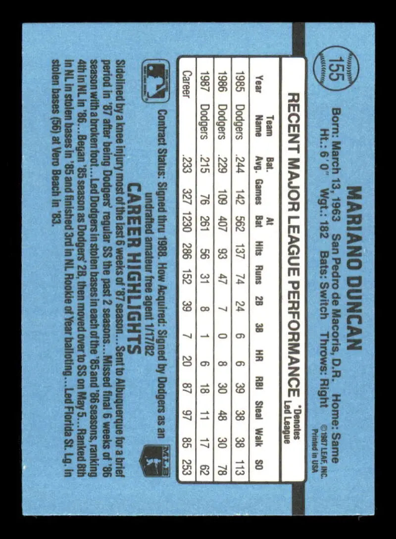 1988 Donruss #155 Mariano Duncan NM-MT Los Angeles Dodgers Baseball Card - Baseball Card Single