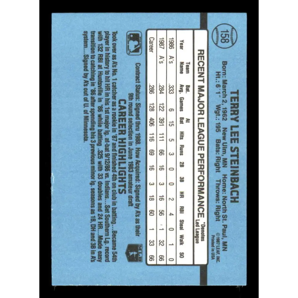 1988 Donruss #158 Terry Steinbach EX Oakland Athletics Baseball Card Image 2