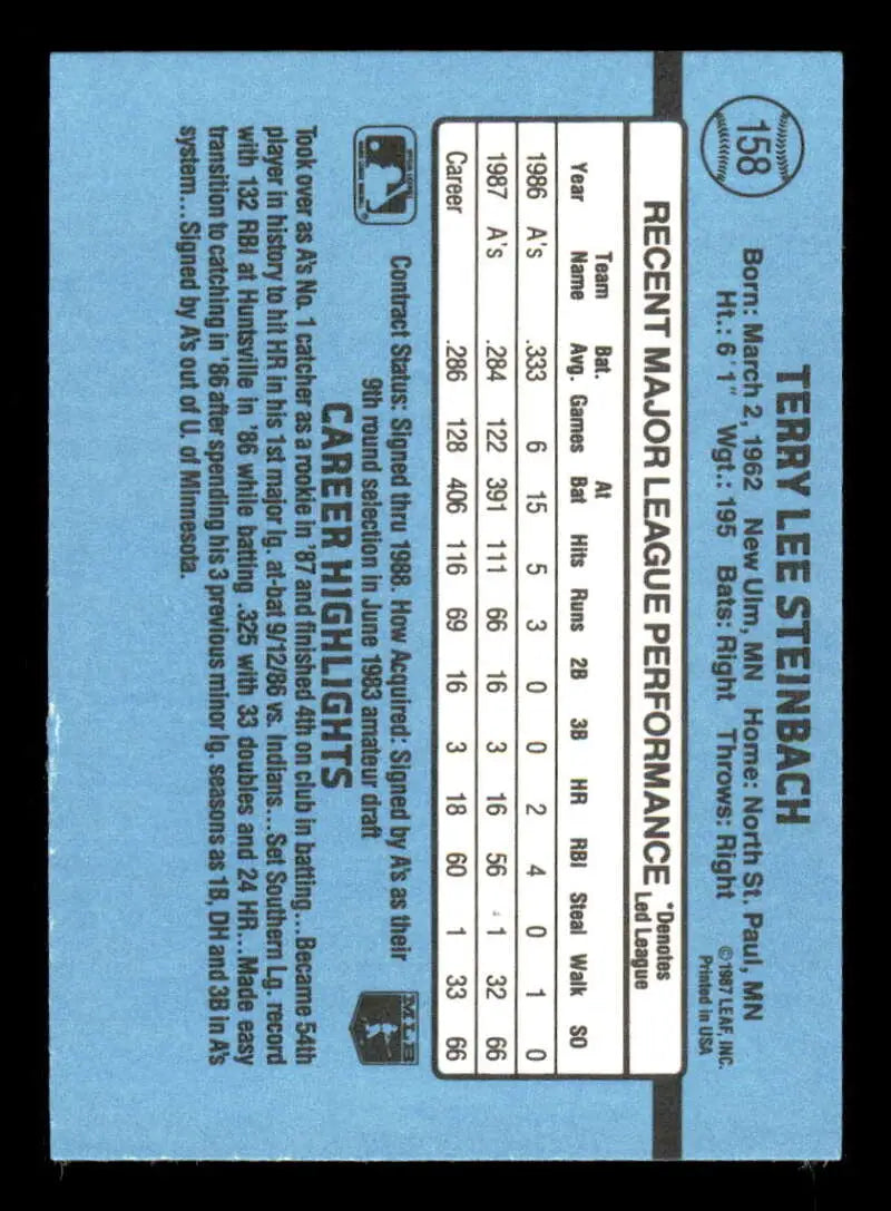 1988 Donruss #158 Terry Steinbach NM-MT Oakland Athletics Baseball Card - Baseball Card Single