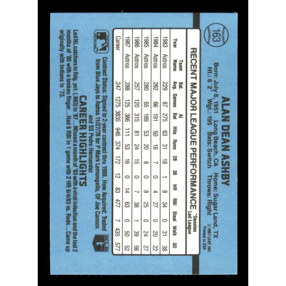 1988 Donruss #163 Alan Ashby UER EX Houston Astros Baseball Card - Baseball Card Single