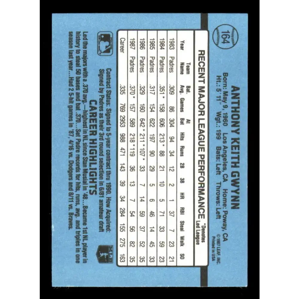 1988 Donruss #164 Tony Gwynn EX San Diego Padres Baseball Card - Baseball Card Single