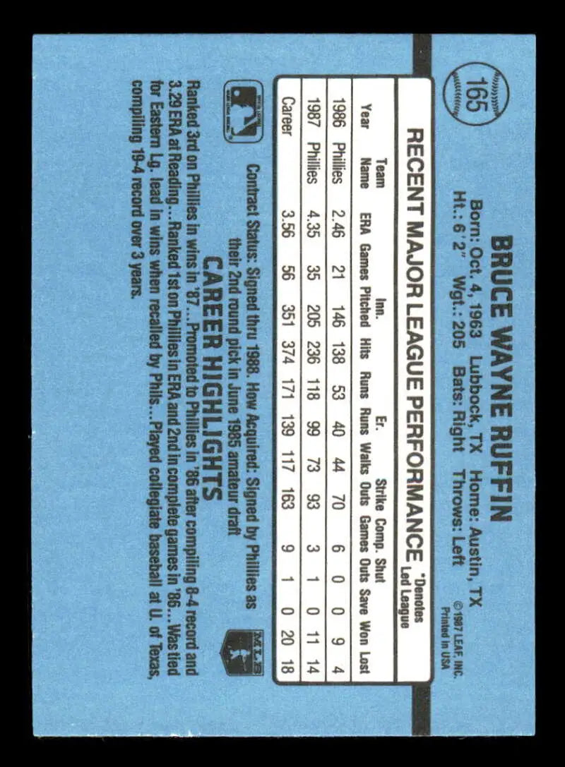 1988 Donruss #165 Bruce Ruffin NM-MT Philadelphia Phillies Baseball Card - Baseball Card Single