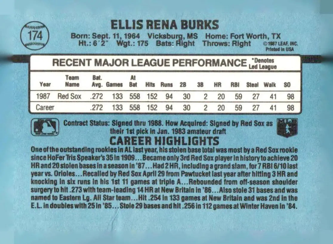 1988 Donruss #174 Ellis Burks - Baseball Card Single