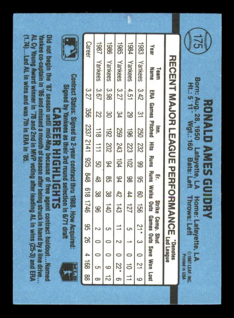 1988 Donruss #175 Ron Guidry NM-MT New York Yankees Baseball Card - Baseball Card Single