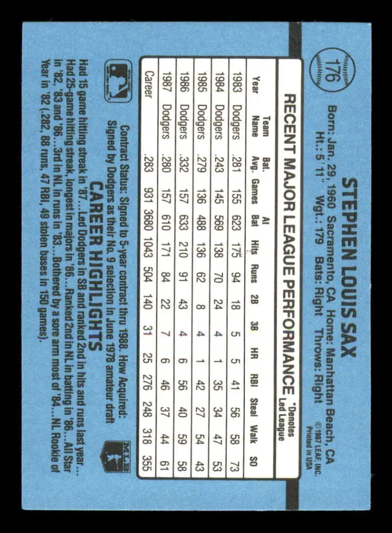 1988 Donruss #176 Steve Sax NM-MT Los Angeles Dodgers Baseball Card - Baseball Card Single