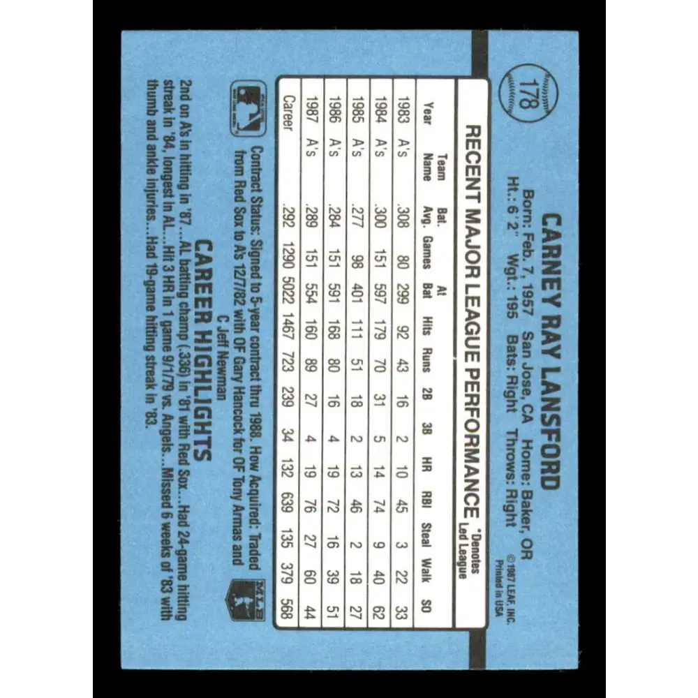 1988 Donruss #178 Carney Lansford EX Oakland Athletics Baseball Card Image 2