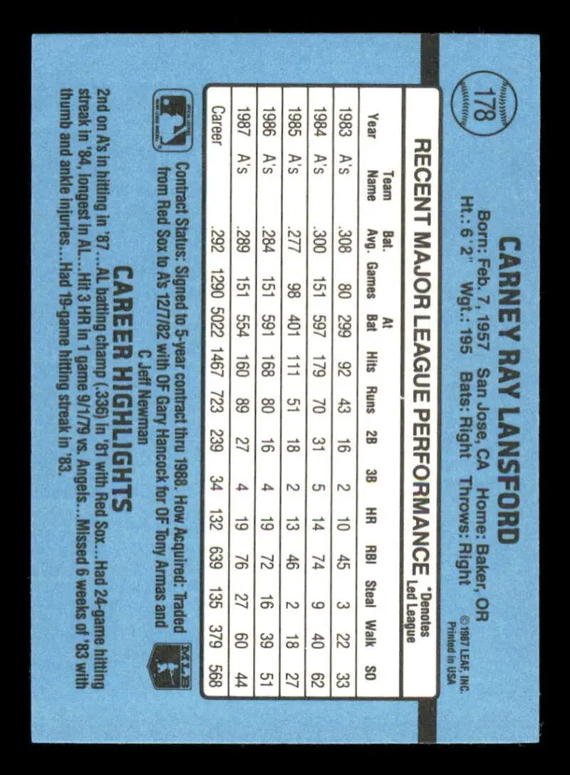1988 Donruss #178 Carney Lansford NM-MT Oakland Athletics Baseball Card - Baseball Card Single