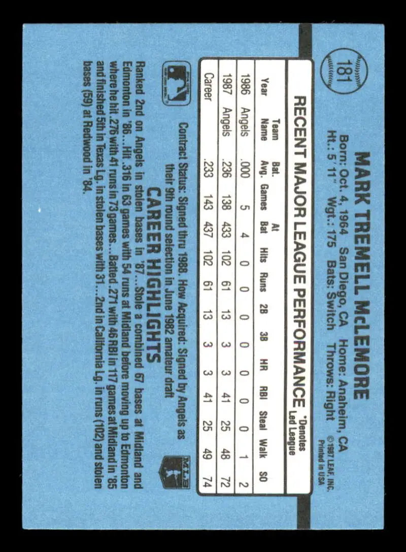 1988 Donruss #181 Mark McLemore NM-MT California Angels Baseball Card - Baseball Card Single