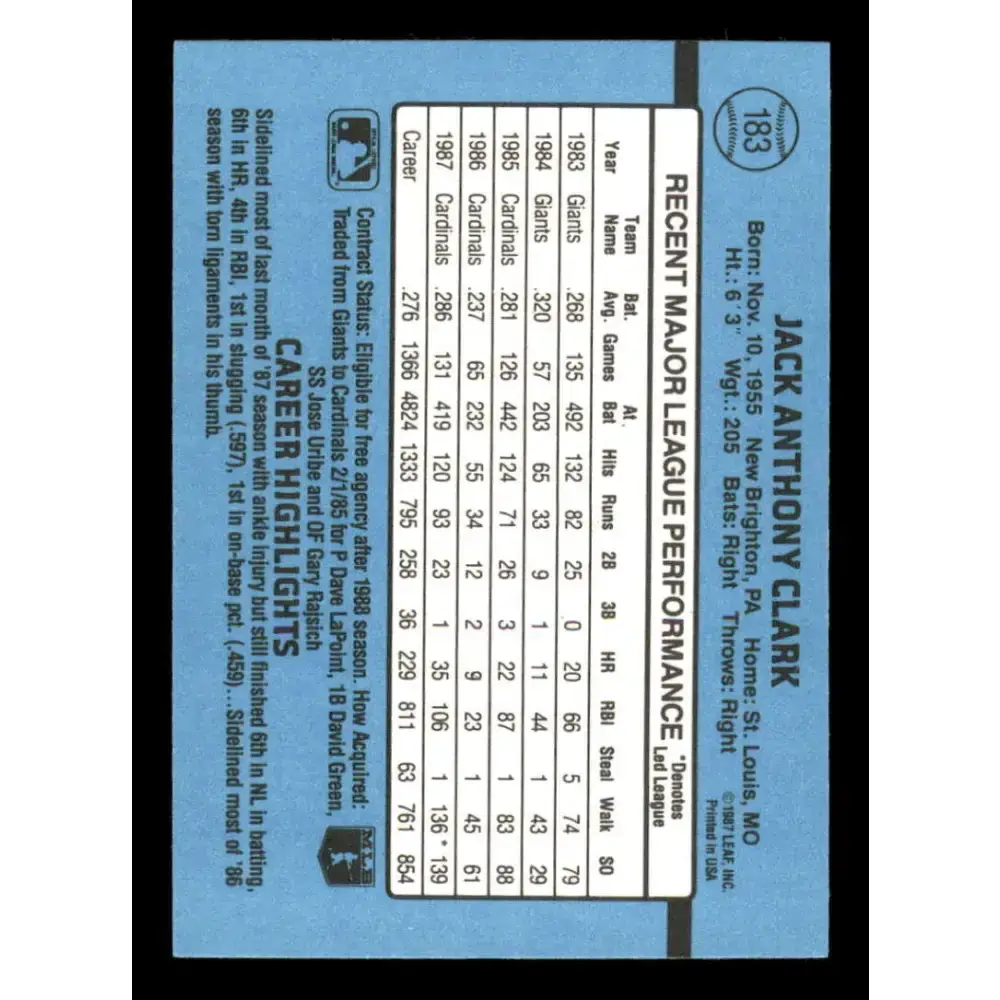 1988 Donruss #183 Jack Clark EX St. Louis Cardinals Baseball Card - Baseball Card Single