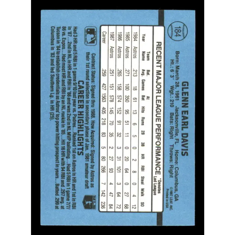 1988 Donruss #184 Glenn Davis EX Houston Astros Baseball Card - Baseball Card Single