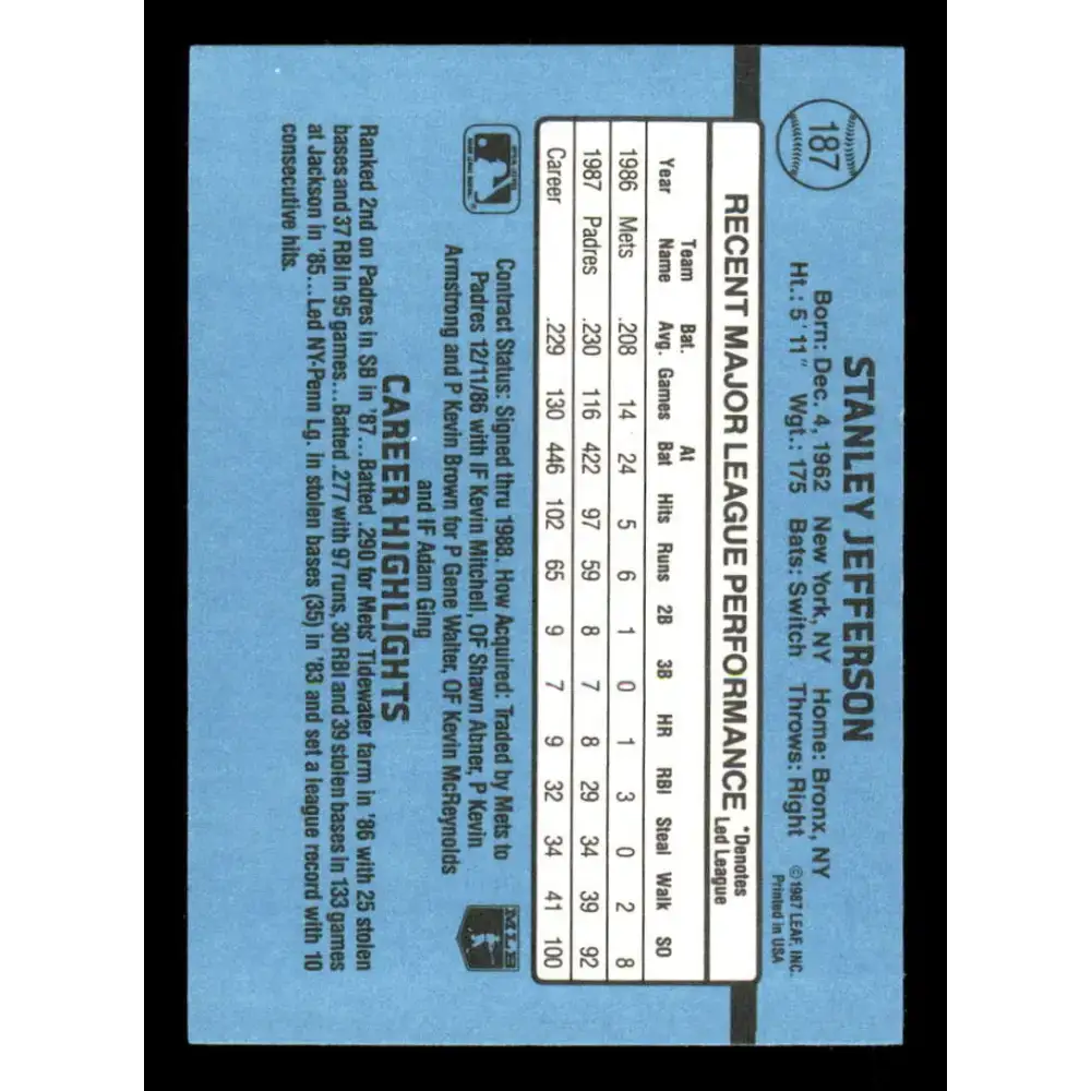 1988 Donruss #187 Stan Jefferson EX San Diego Padres Baseball Card - Baseball Card Single