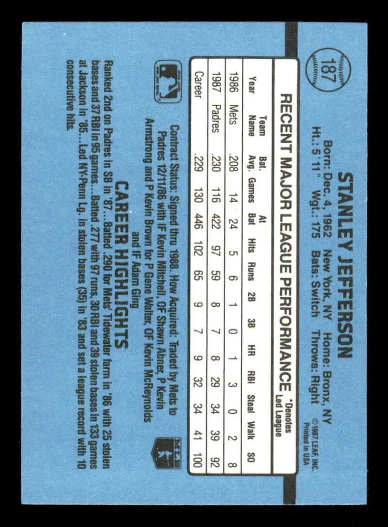 1988 Donruss #187 Stan Jefferson NM-MT San Diego Padres Baseball Card - Baseball Card Single