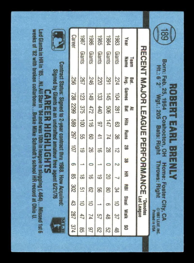 1988 Donruss #189 Bob Brenly NM-MT San Francisco Giants Baseball Card - Baseball Card Single