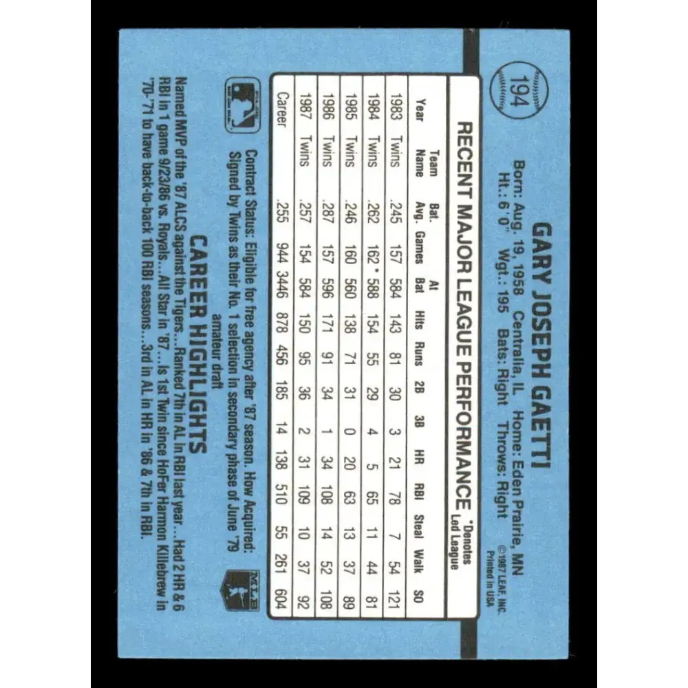 1988 Donruss #194 Gary Gaetti EX Minnesota Twins Baseball Card - Baseball Card Single