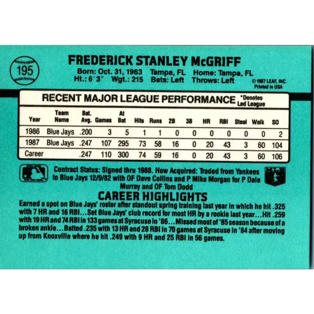 1988 Donruss #195 Fred McGriff EX Toronto Blue Jays Baseball Card - Baseball Card Single