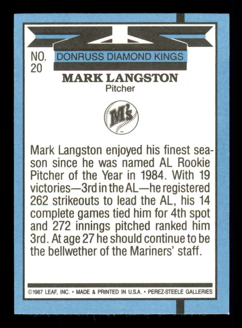 1988 Donruss #20 Mark Langston NM-MT Seattle Mariners Baseball Card - Baseball Card Single