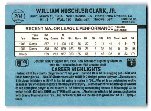 Will Clark baseball card back showing original gloss, NM-MT Giants ID 71767