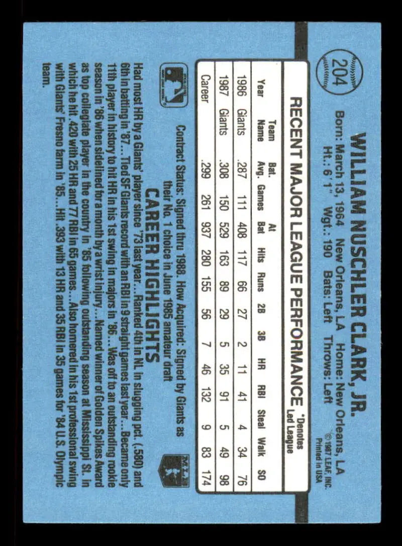1988 Donruss #204 Will Clark NM-MT San Francisco Giants Baseball Card - Baseball Card Single