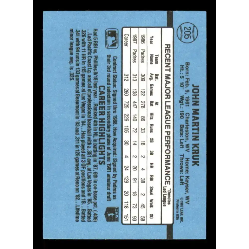 1988 Donruss #205 John Kruk EX San Diego Padres Baseball Card - Baseball Card Single