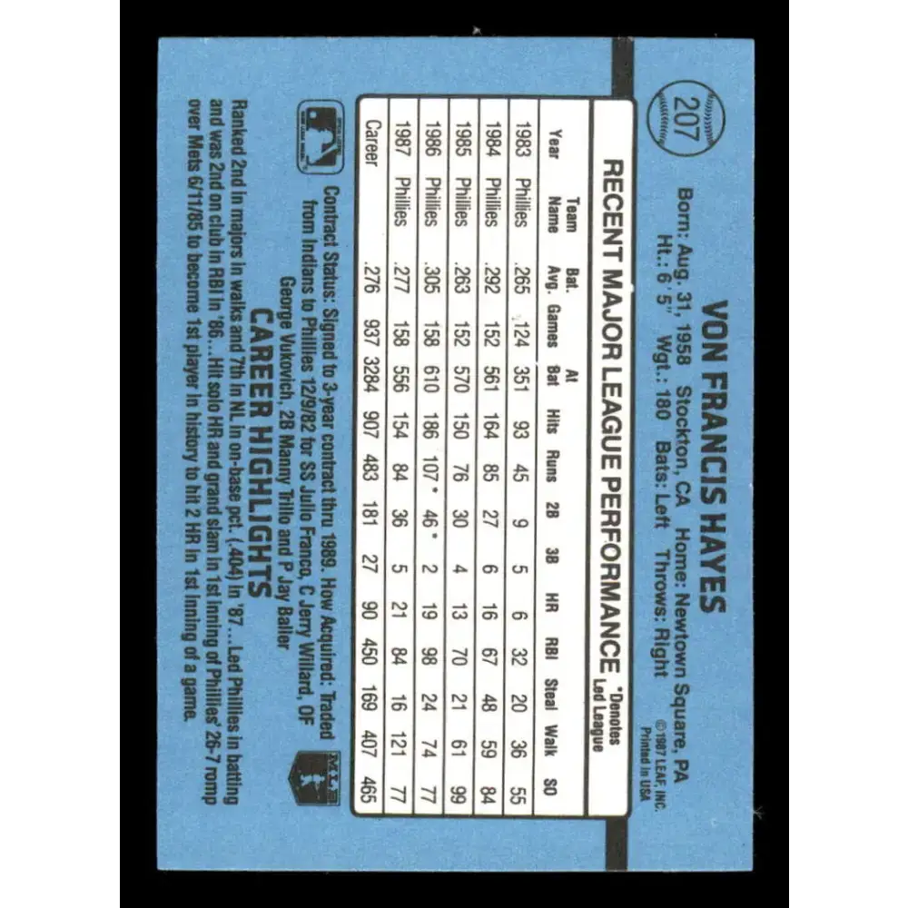 1988 Donruss #207 Von Hayes EX Philadelphia Phillies Baseball Card - Baseball Card Single