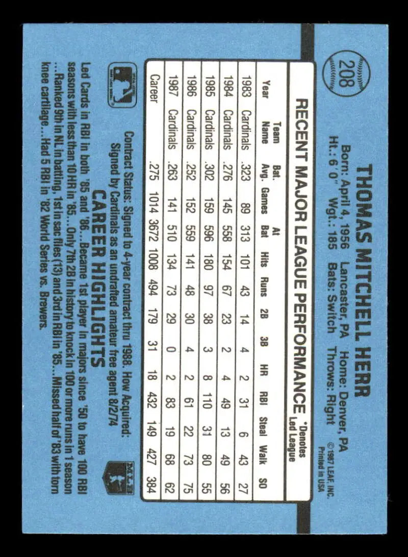 1988 Donruss #208 Tommy Herr NM-MT St. Louis Cardinals Baseball Card - Baseball Card Single