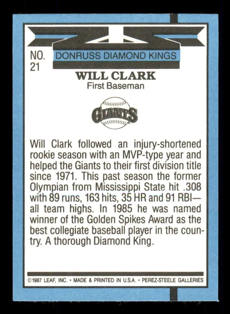 1988 Donruss #21 Will Clark NM-MT San Francisco Giants Baseball Card - Baseball Card Single