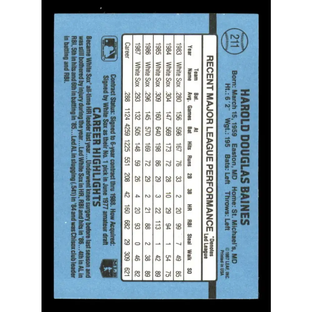 1988 Donruss #211 Harold Baines EX Chicago White Sox Baseball Card - Baseball Card Single