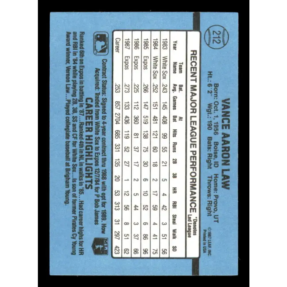 1988 Donruss #212 Vance Law EX Montreal Expos Baseball Card - Baseball Card Single