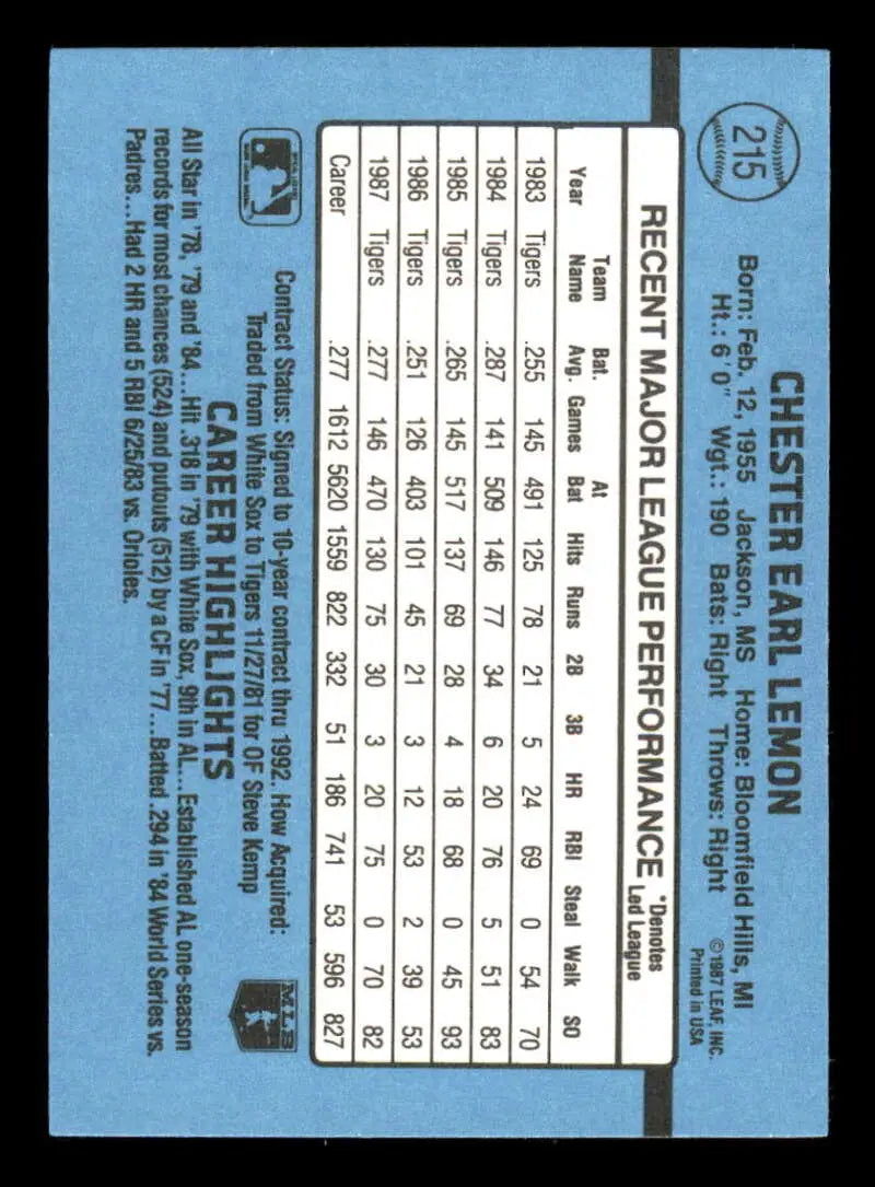 1988 Donruss #215 Chet Lemon NM-MT Detroit Tigers Baseball Card - Baseball Card Single