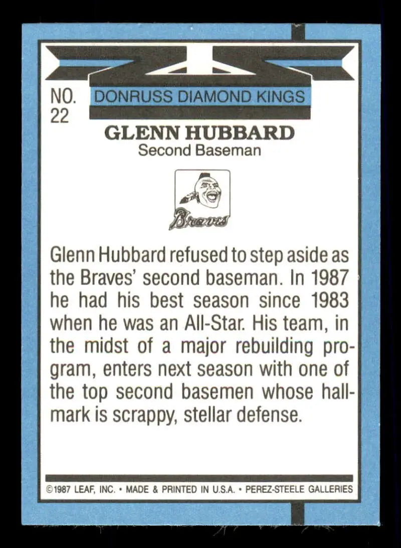 1988 Donruss #22 Glenn Hubbard NM-MT Atlanta Braves Baseball Card - Baseball Card Single