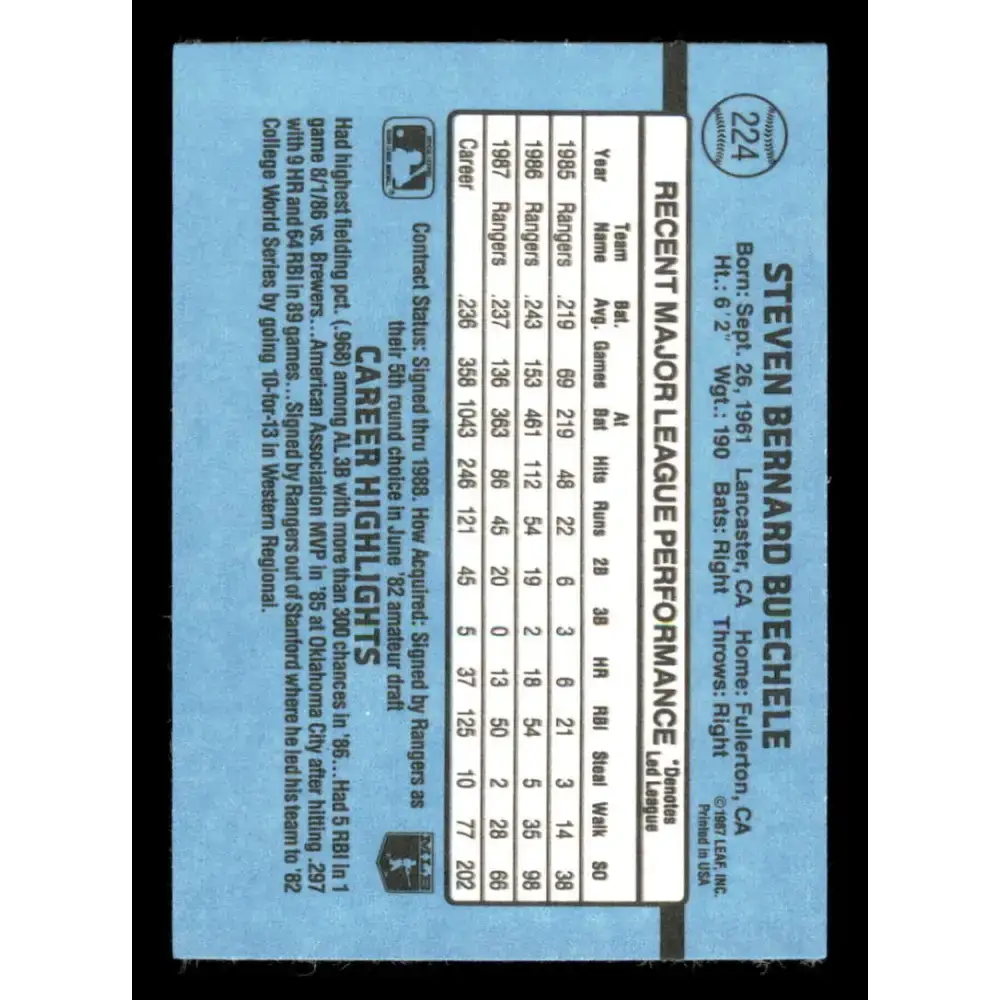 1988 Donruss #224 Steve Buechele EX Texas Rangers Baseball Card - Baseball Card Single