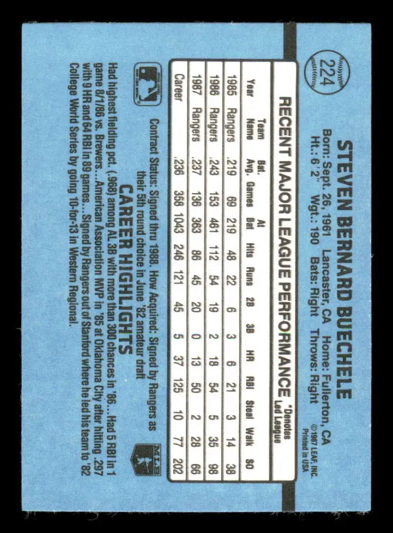 1988 Donruss #224 Steve Buechele NM-MT Texas Rangers Baseball Card - Baseball Card Single