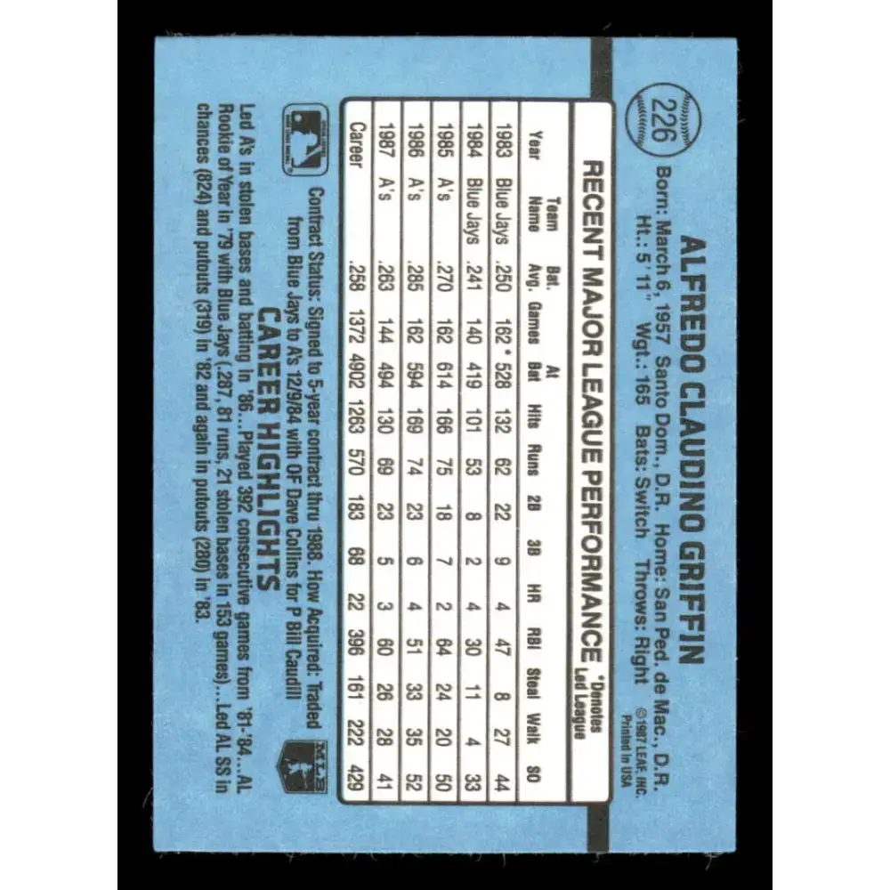 1988 Donruss #226 Alfredo Griffin EX Oakland Athletics Baseball Card - Baseball Card Single
