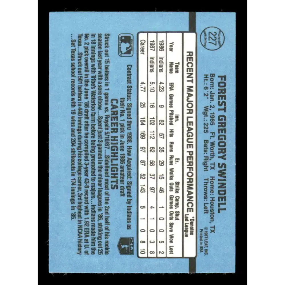 1988 Donruss #227 Greg Swindell EX Cleveland Indians Baseball Card - Baseball Card Single