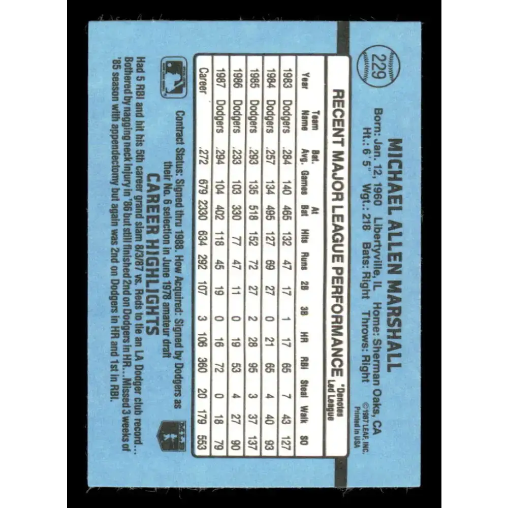 1988 Donruss #229 Mike Marshall EX Los Angeles Dodgers Baseball Card - Baseball Card Single