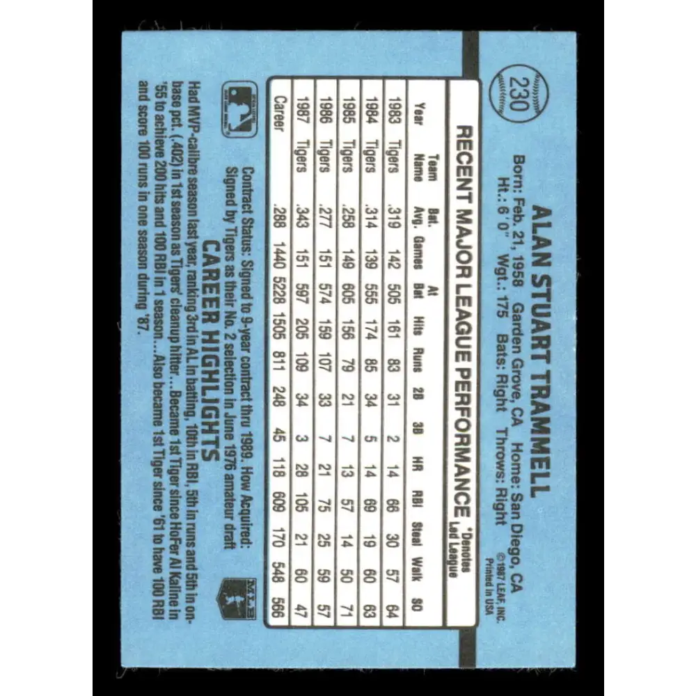 1988 Donruss #230 Alan Trammell EX Detroit Tigers Baseball Card Image 2