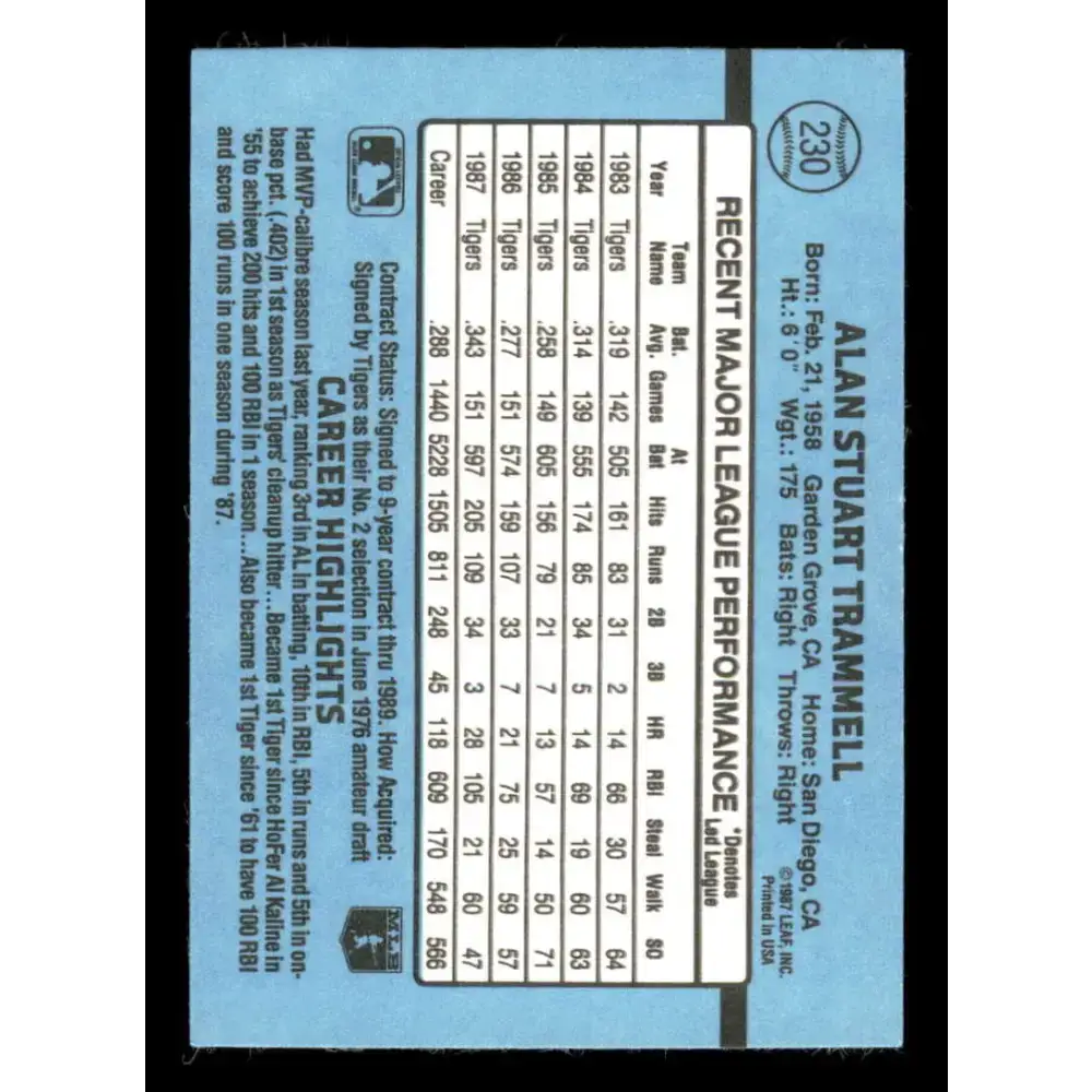 1988 Donruss #230 Alan Trammell EX Detroit Tigers Baseball Card - Baseball Card Single