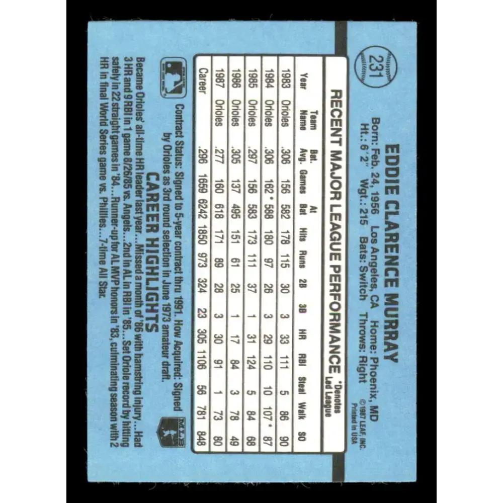1988 Donruss #231 Eddie Murray EX Baltimore Orioles Baseball Card - Baseball Card Single
