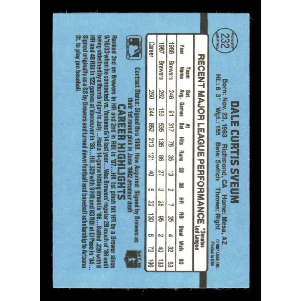 1988 Donruss #232 Dale Sveum EX Milwaukee Brewers Baseball Card - Baseball Card Single