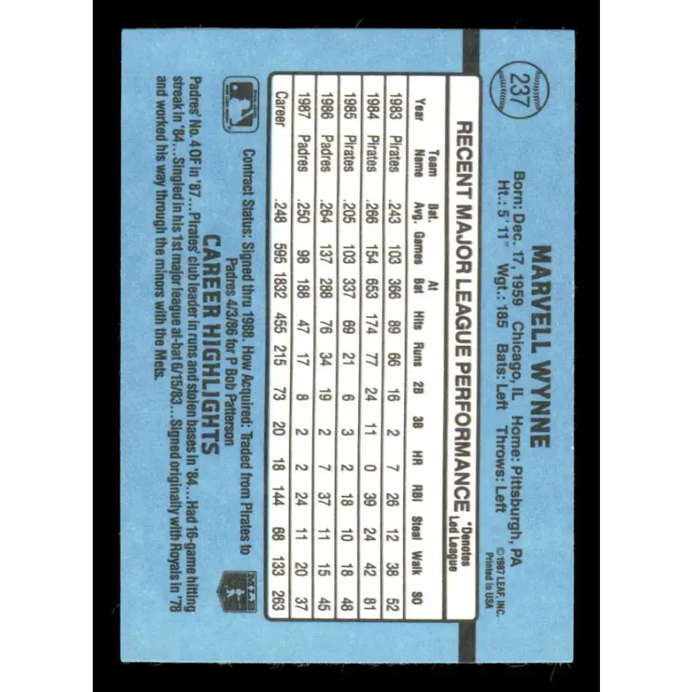 1988 Donruss #237 Marvell Wynne EX San Diego Padres Baseball Card - Baseball Card Single