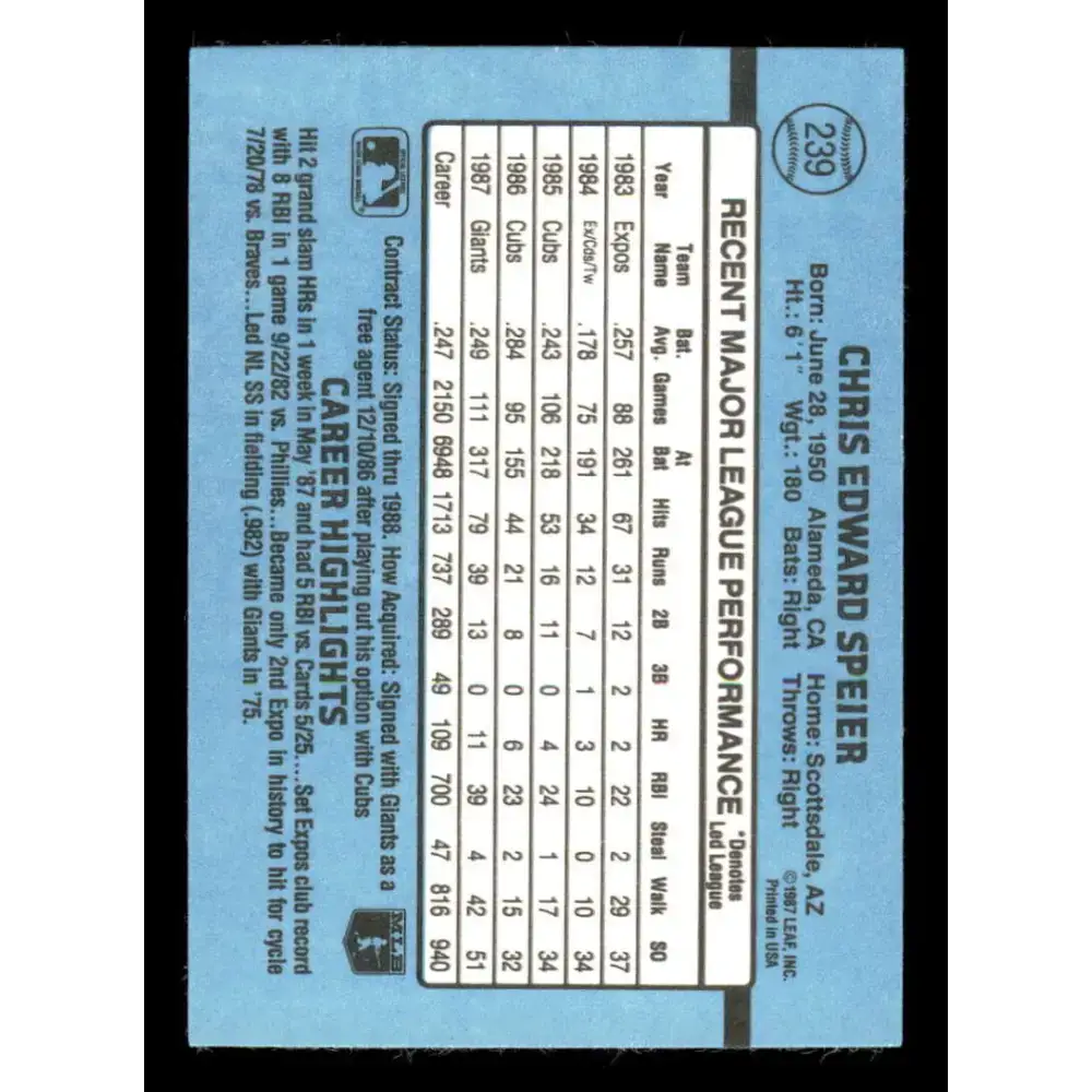 1988 Donruss #239 Chris Speier EX San Francisco Giants Baseball Card - Baseball Card Single