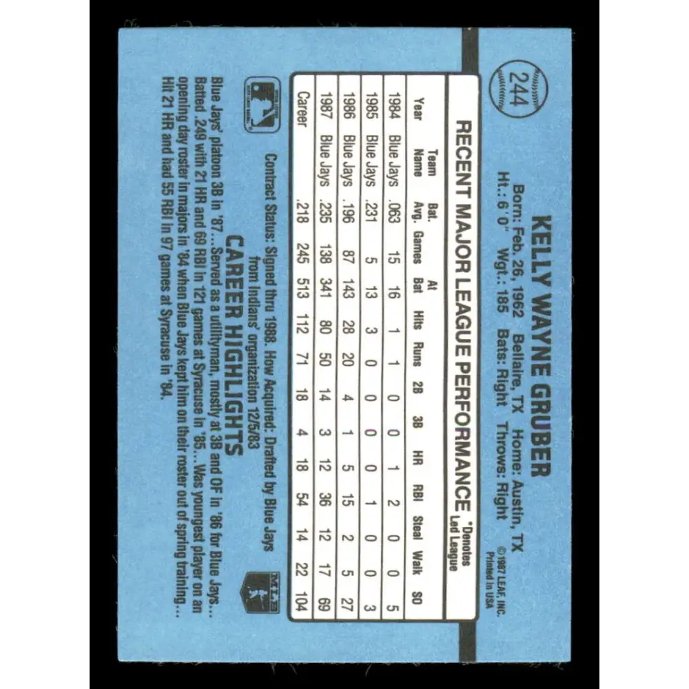 1988 Donruss #244 Kelly Gruber EX Toronto Blue Jays Baseball Card Image 2